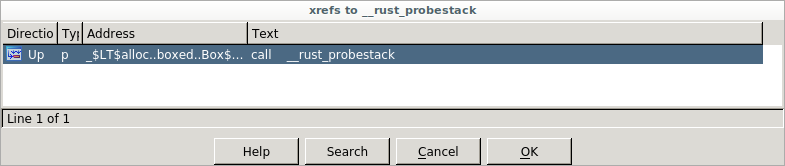 Screenshot of IDA Pro listing cross references to __rust_probestack in hello-rust.