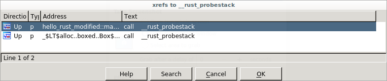 Screenshot of IDA Pro listing cross references to __rust_probestack in modified hello-rust.